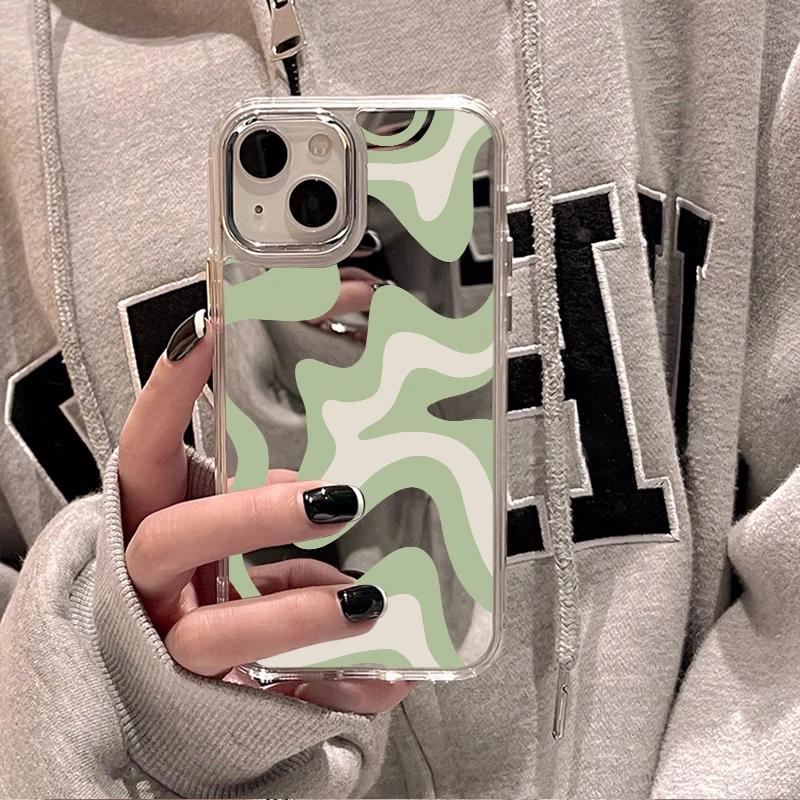 Wavy Pattern Painted Case For iPhone 14 Funda Makeup Mirror Cases For iPhone 15 11 14 12 13 Pro Max X XR XS Max Shockproof Cover