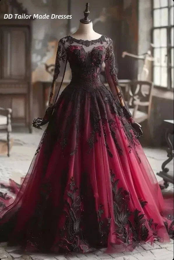Vintage gotische zwarte en bordeaux trouwjurk lange mouwen kant applicaties retro bruidsjurken op maat vestidos de novia