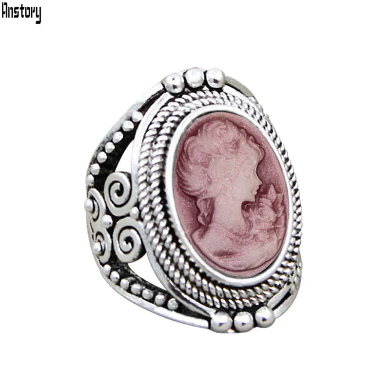 Vintage Look Oval Pink White Lady Queen Cameo Rings For Women Solid Silver Plated Victoria Fashion Jewelry