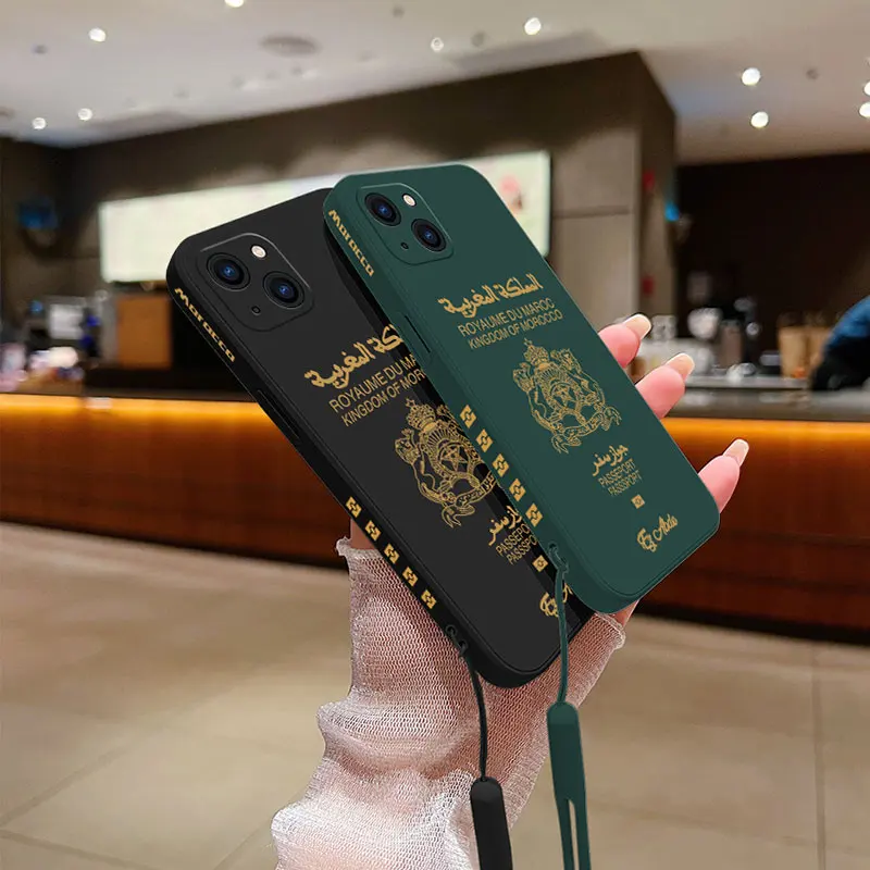 Morocco Passport Phone Case For iPhone 15 14 13 12 11 Pro Max Mini X XR XS MAX SE20 8 7 Plus Silicone Cases with Hand Strap