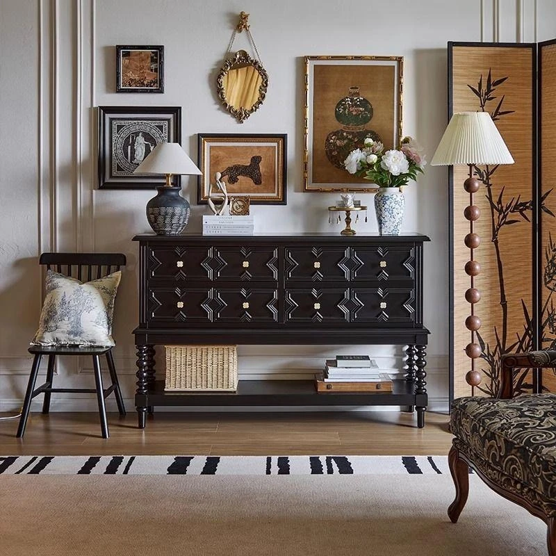 Black solid wood entrance cabinet retro living room aisle antique chest