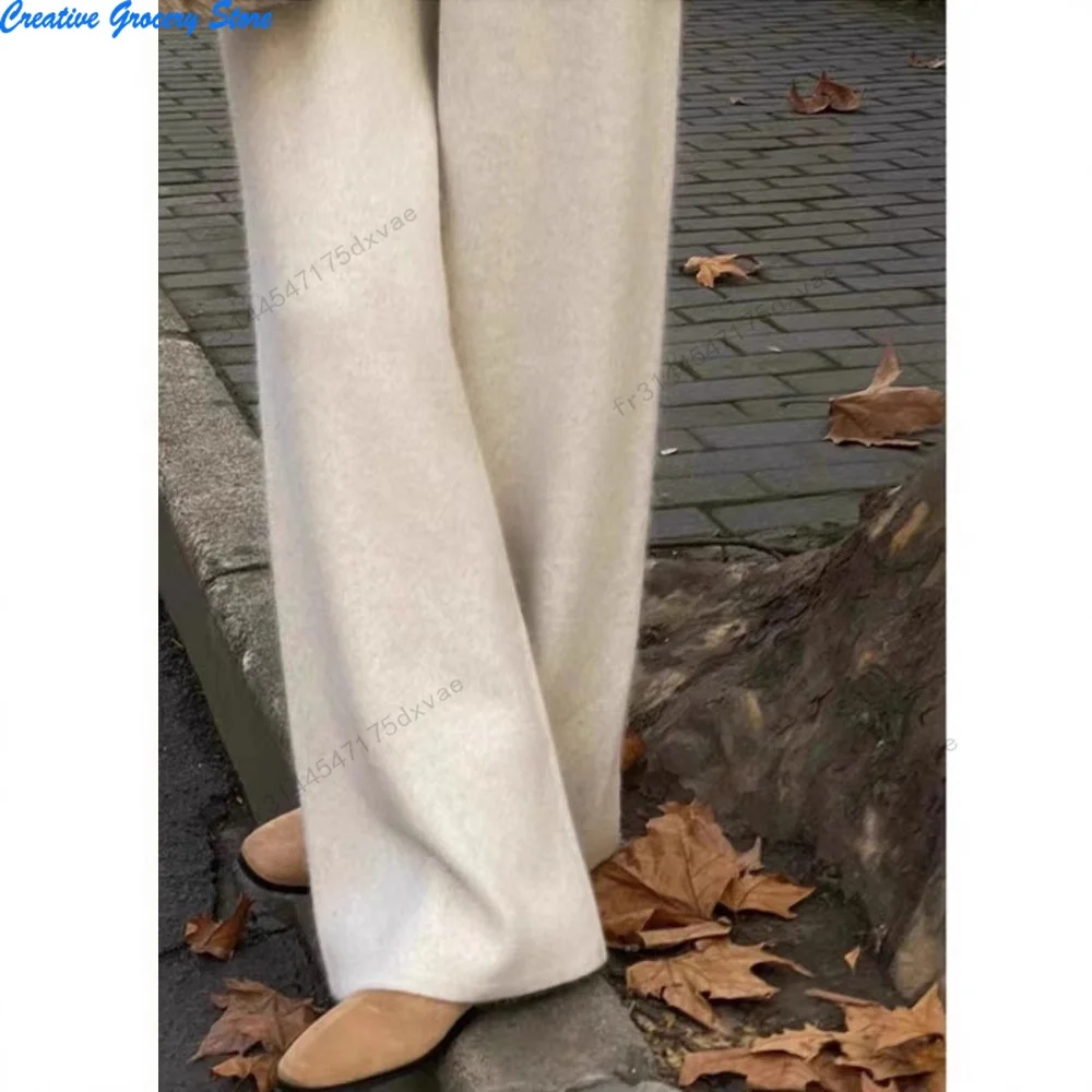 الخريف الشتاء سميكة جديدة واسعة الساق السراويل النسائية ثنيات محبوك مستقيم السراويل الطويلة الكشمير ملابس خارجية