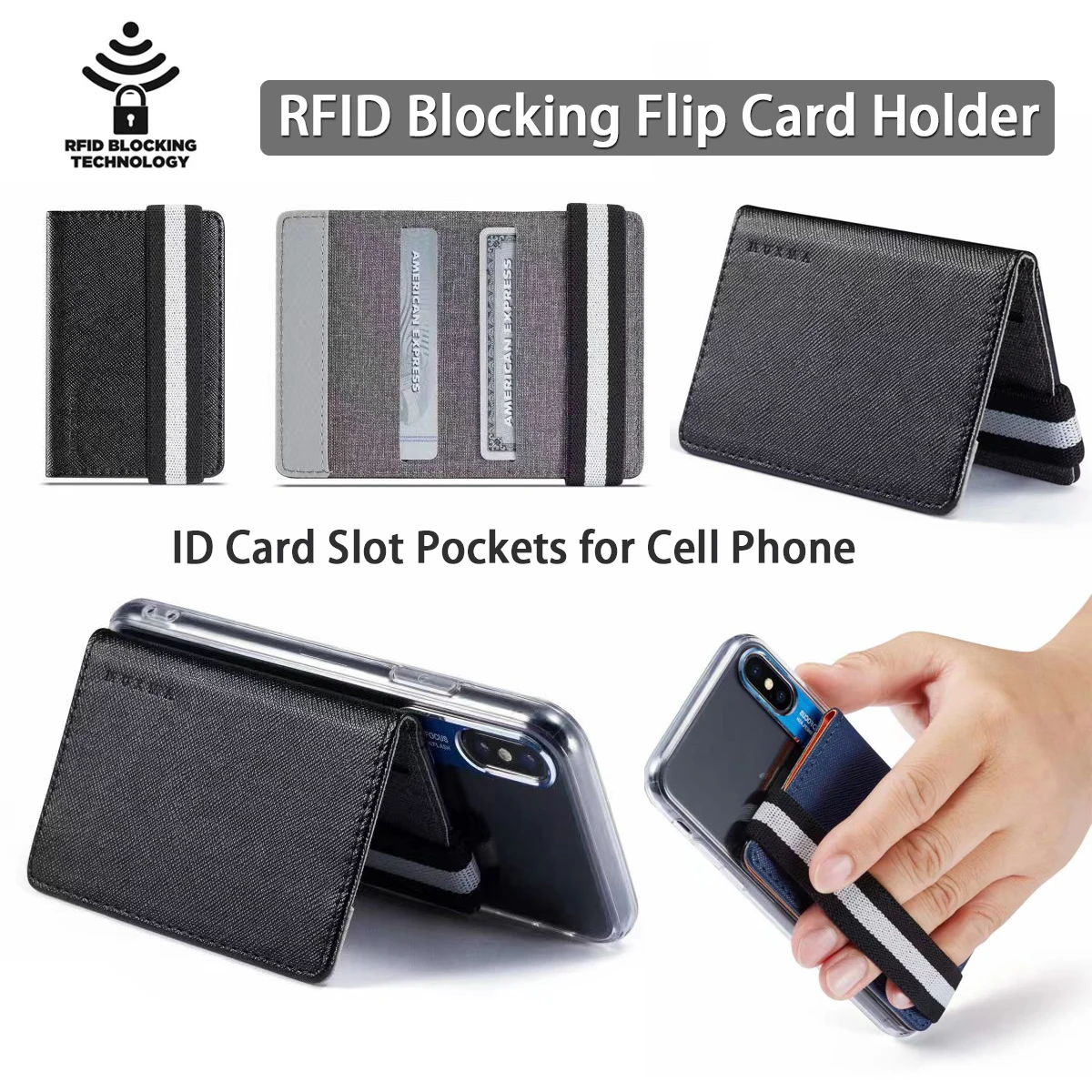 Credit Card Holder Phone Back Sticker Cell Phone Wallet Sleeve Pocket Mobile Phone Stand Universal RFID Blocking Flap CardHolder