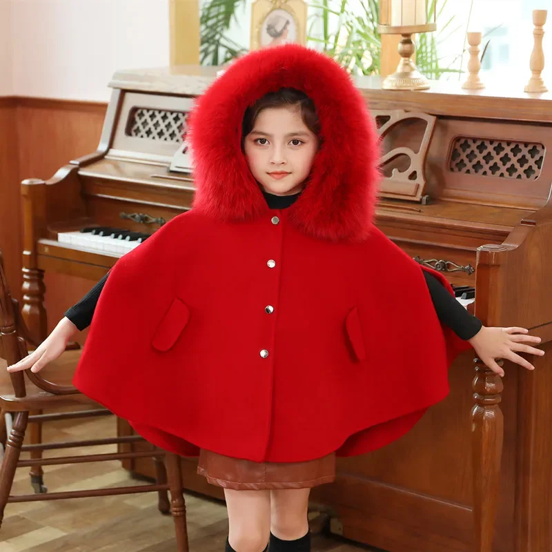 Handmade New All Wool Girl Fox Collar Shawl Double Faced Cashmere Jacket for Middle and Young Girls Coat Winter Coat