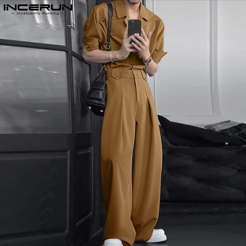 INCERUN Men Sets Solid Color Half Sleeve Shirt & Pants Two Pieces Sets Streetwear Loose 2025 Fashion Men's Casual Suits S-5XL