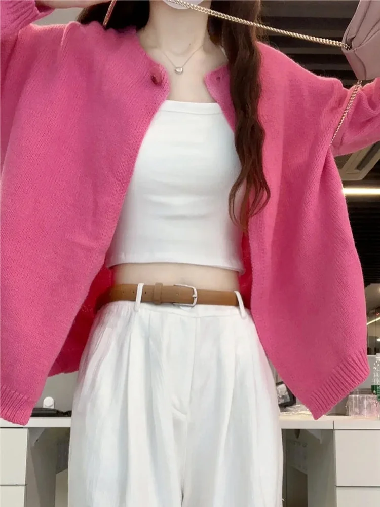 

New Pink Knitted Open Cardigan Women's Spring Autumn Thin Long Sve Pure Color Top Commute Sle Loose Fit round Ne B...