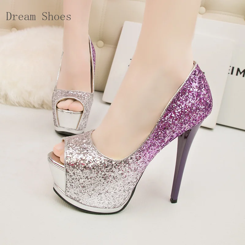 

Модные корейские свадебные туфли с блестками 15 см, женская обувь на очень высокой водонепроницаемой платформе с градиентом, модель высоких каблуков для показа
