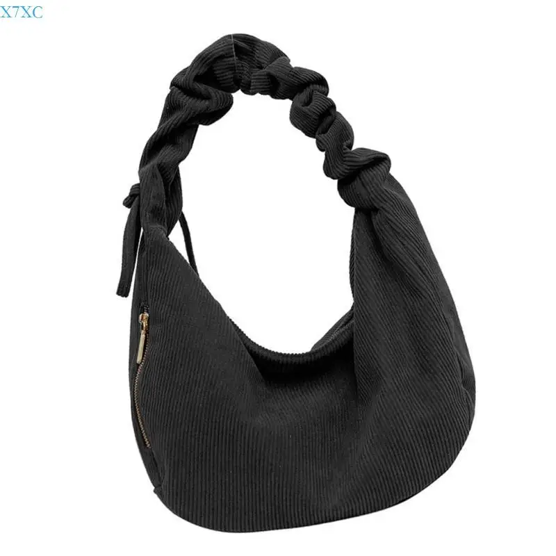 

X7XC Versatile Women's Corduroy Handbag Spacious Half Moon Crossbody Bag Practical Shoulder Purse