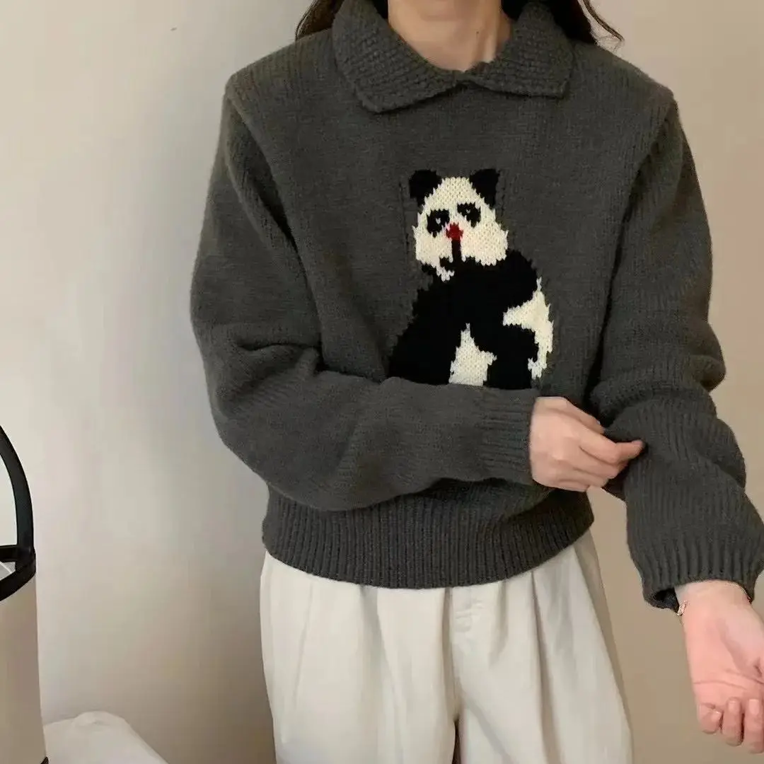 

Hsa Fashionable cute panda pullover sweater for women autumn and winter new loose cartoon jacquard soft Knit Jumpers Femme