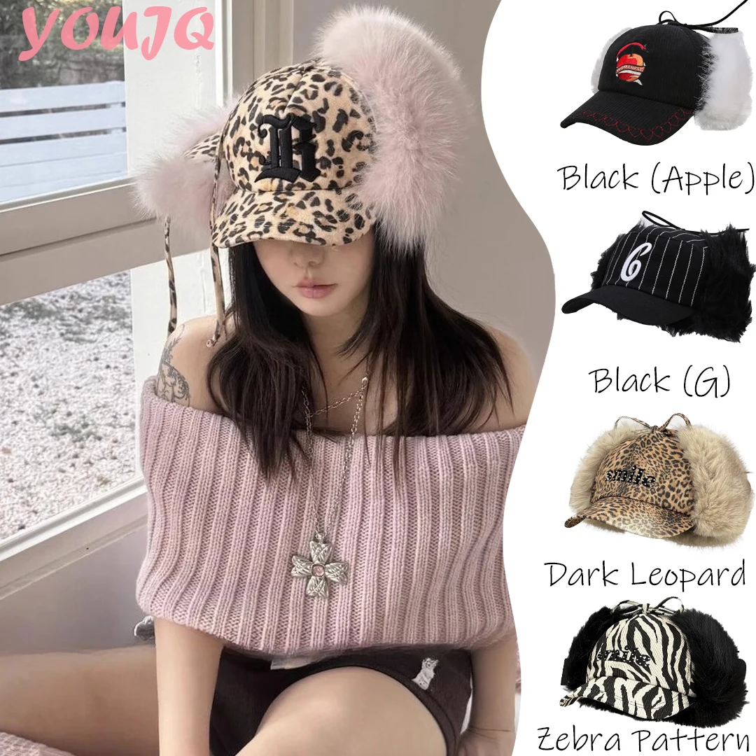 

Y2K American Embroidery Corduroy Thunderbolt Cap Fur Letters Winter Spicy Girl Thickened Warm Ear Protection Duck Tongue Hat