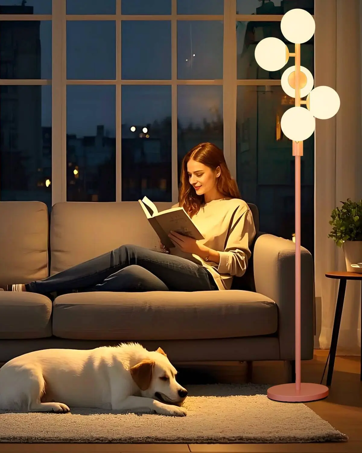 

Dimmable Pink Globe Floor Lamp with 5 G9 Bulbs, Mid-Century Modern for Living Room Bedroom Office