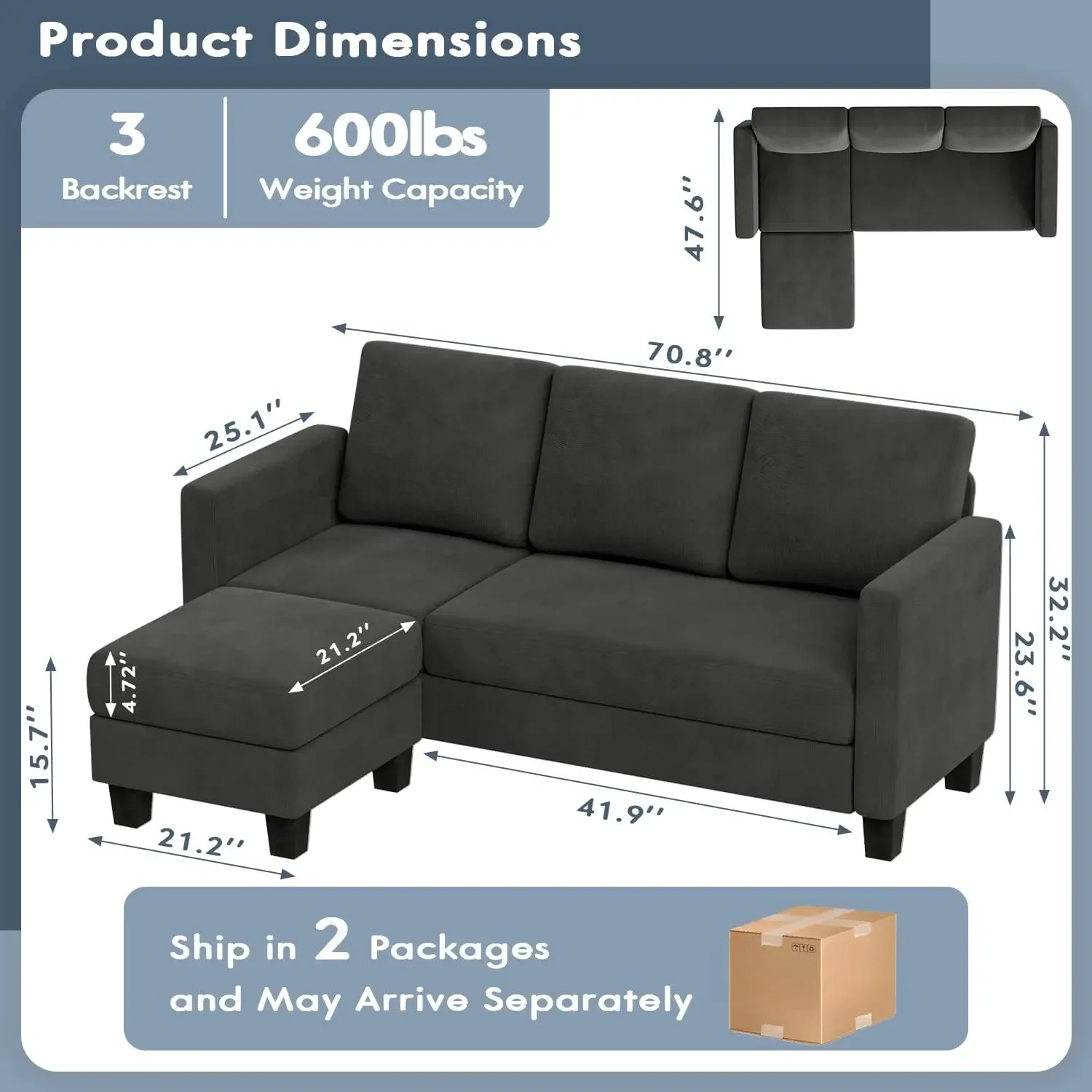 Sectional Sofa Couch, L-Shaped 3 Seat with Linen Fabric and Movable Ottoman, for Small Apartments, Living Room and O