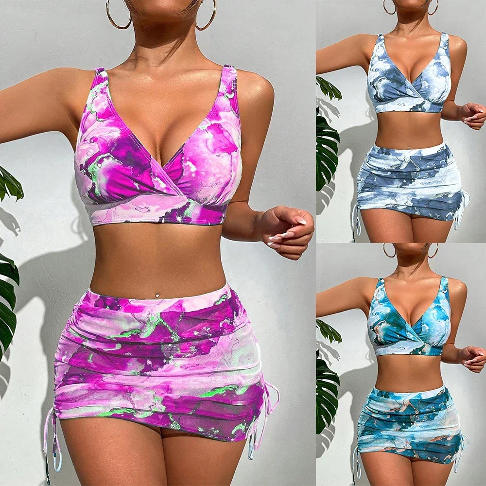 Summer Women\'s Bikini Suit Tie-dye Printing Sexy V-neck Split Swimsuit Seaside Holiday Party Beach Bikini Skirt 3-piece Suit