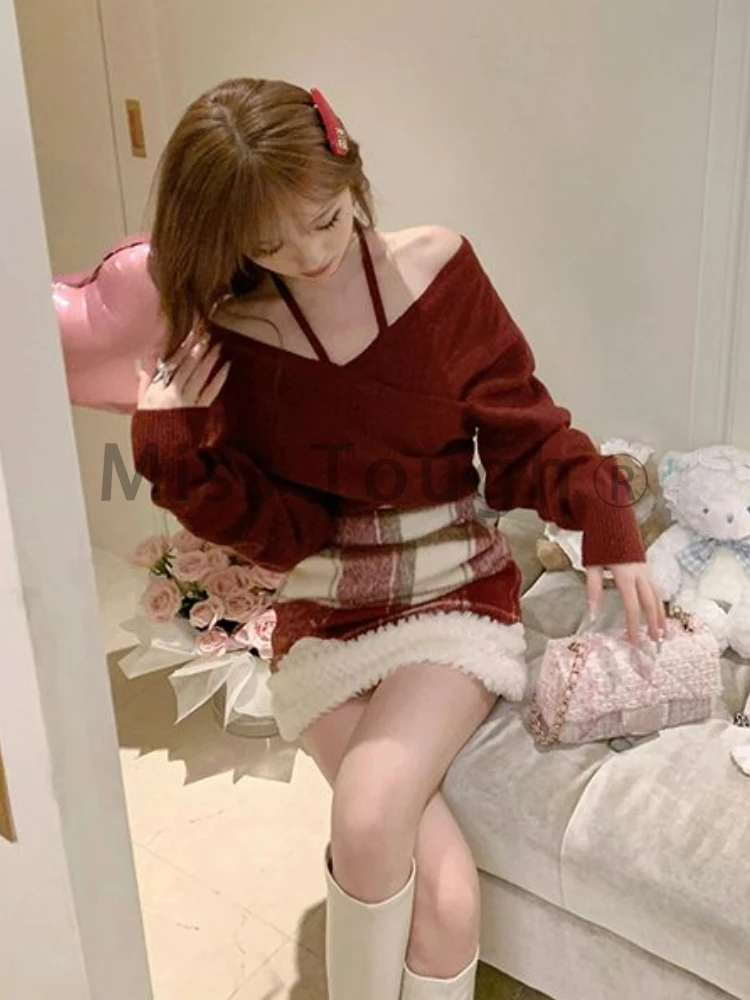 Christmas Sweet knitted Two Piece Set Women Off Shoulder Sexy Plaid Skirt Suit Famale Korean Fashion Casual Chic Set 2024 Winter