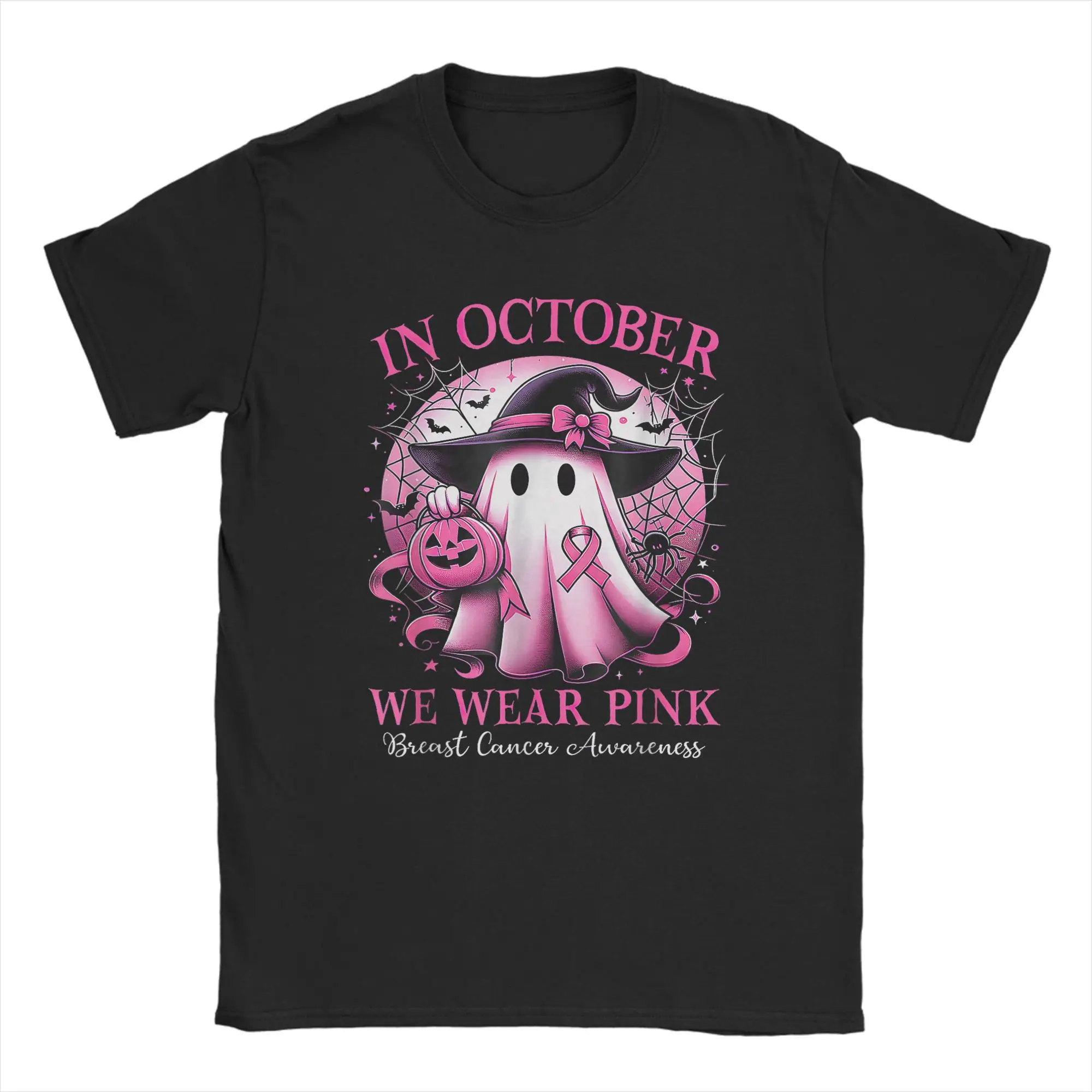 

We Wear Pink Witch Ghost Breast Cancer Awareness T Shirt Summer T-Shirts Men's Round Neck Top Tees Short Sleeve Tshirt