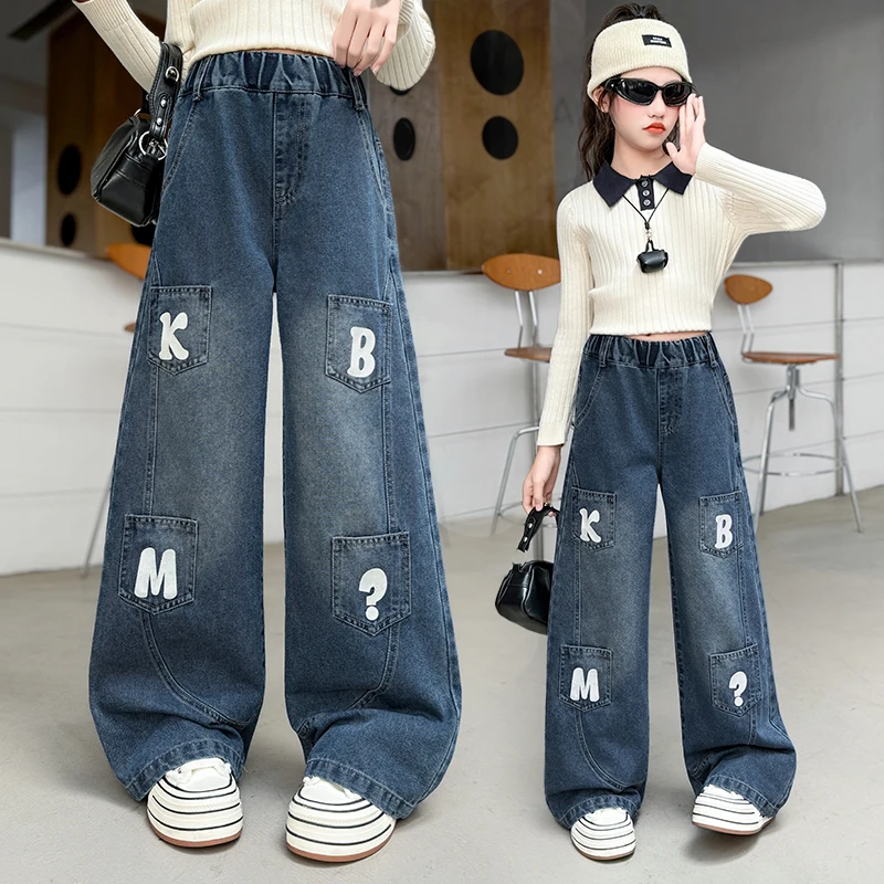 

New Arrival Children Gothic Harajuku y2k Multi-Pocket Washed Blue Jeans Girl Fall Loose Denim Pants Kids Street Hip Hop Trousers
