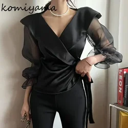 Lager Lapel Satin Shirts Blouses Elegant Chic Lace Up Blusas Mujer Mesh Flare Long Sleeve Shirt Tops Spring Clothes Women