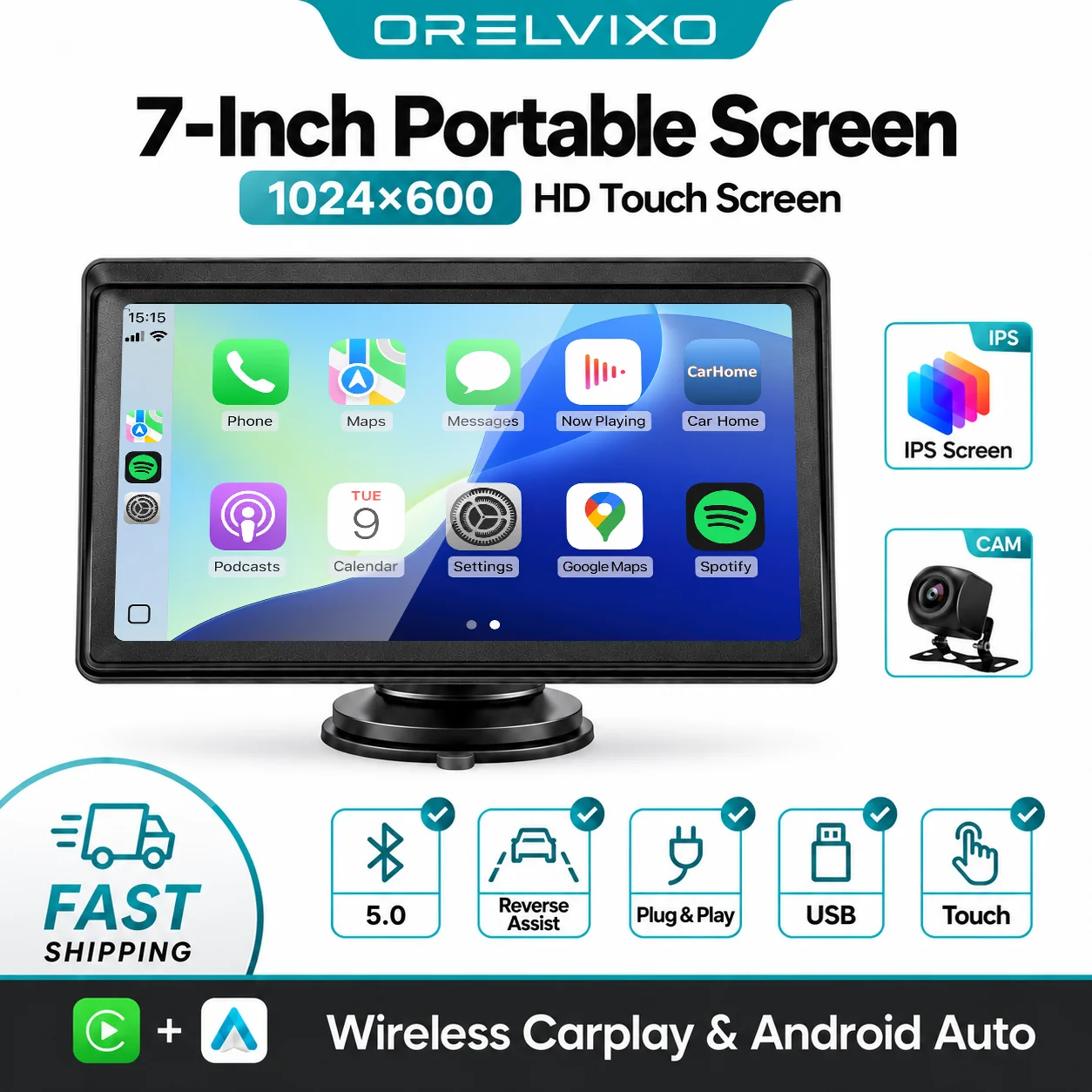 7 Inch Portable Wireless CarPlay Screen IPS Display with Android Auto, Car Radio Multimedia MP5 Video Player for iOS Android