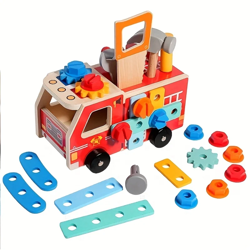 Set Wooden Fire Truck Nut Car Combination Screw Disassembly Assembly Pretend Tool Toy Boy Educational Gift for Children Ages 3+