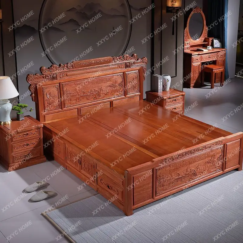 

Двуспальная кровать из массива дерева в китайском стиле, классическая мебель эпох Мин и Цин, из золотистого палисандра, с узором «ананасовая сетка».