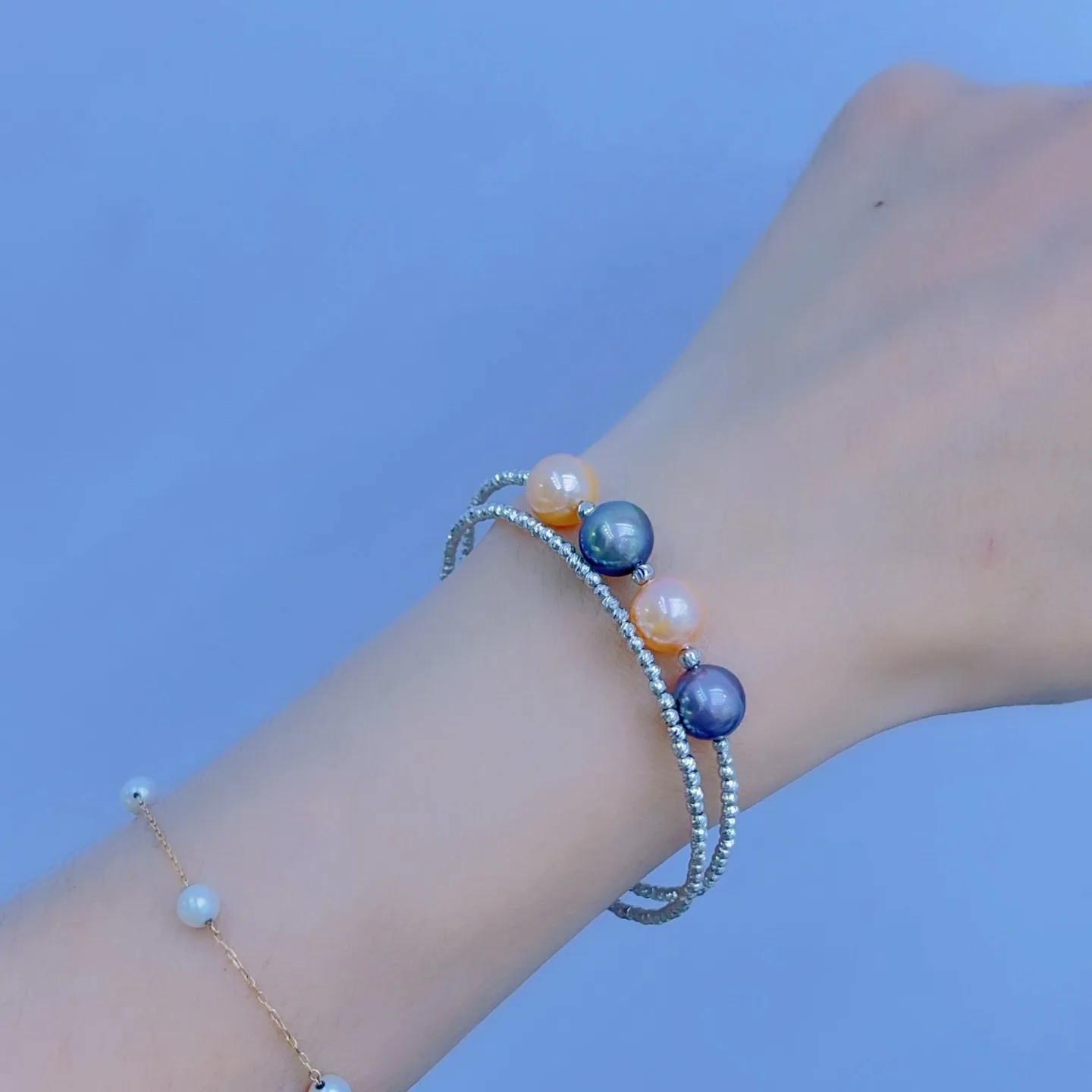 Carefully selected candy colored pearl AAAAA8-9mm natural pearl double-layer elastic bracelet S925 pure silver