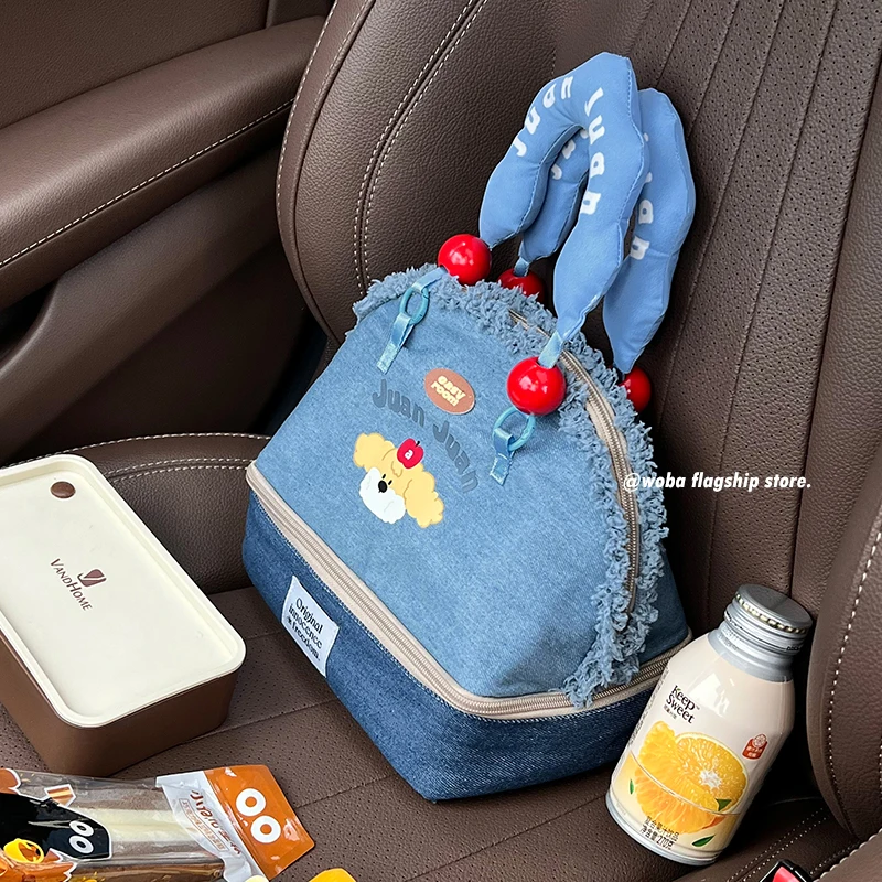 Bolsa Térmica Dupla Camada de Jeans para Almoço, Lancheira para Carro, Alta Estética, Nova Bolsa Organizadora de Jeans 2025