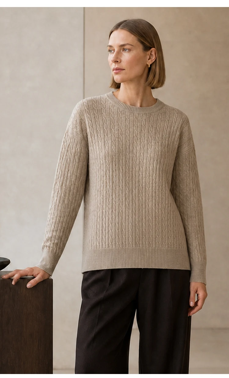 ML62062 Damen Minimalistischer Zopfmuster-Pullover mit Rundhalsausschnitt, Langarm, Modal-Mischung, Weich und Warm, Herbst-Winter-Oberteil – Detail 3