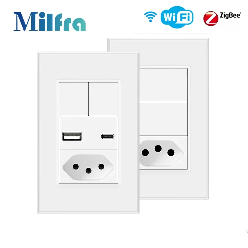 Brazil Smart Switch & Socket Tuya Wifi / Zigbee 2 Gang Button Smart Light Switch Outlet Voice Control work for Alexa Google Home