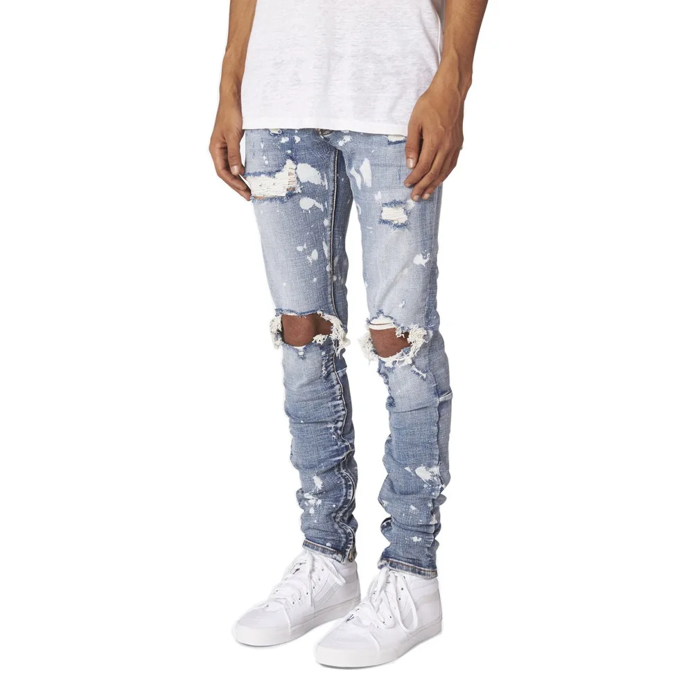 Men\'s Ripped Paint Distressed Button Fly Zipper Leg Hip Hop High Street Skinny Denim Jeans