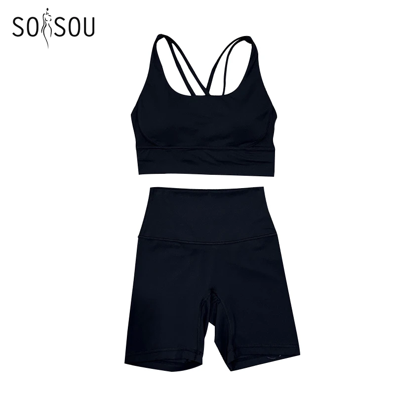 SOISOU Nylon Gym Yoga Set Women\'s Tracksuit Cycling Shorts Set Tight Elastic Short Chest Pad Removable Bra Womens Clothing