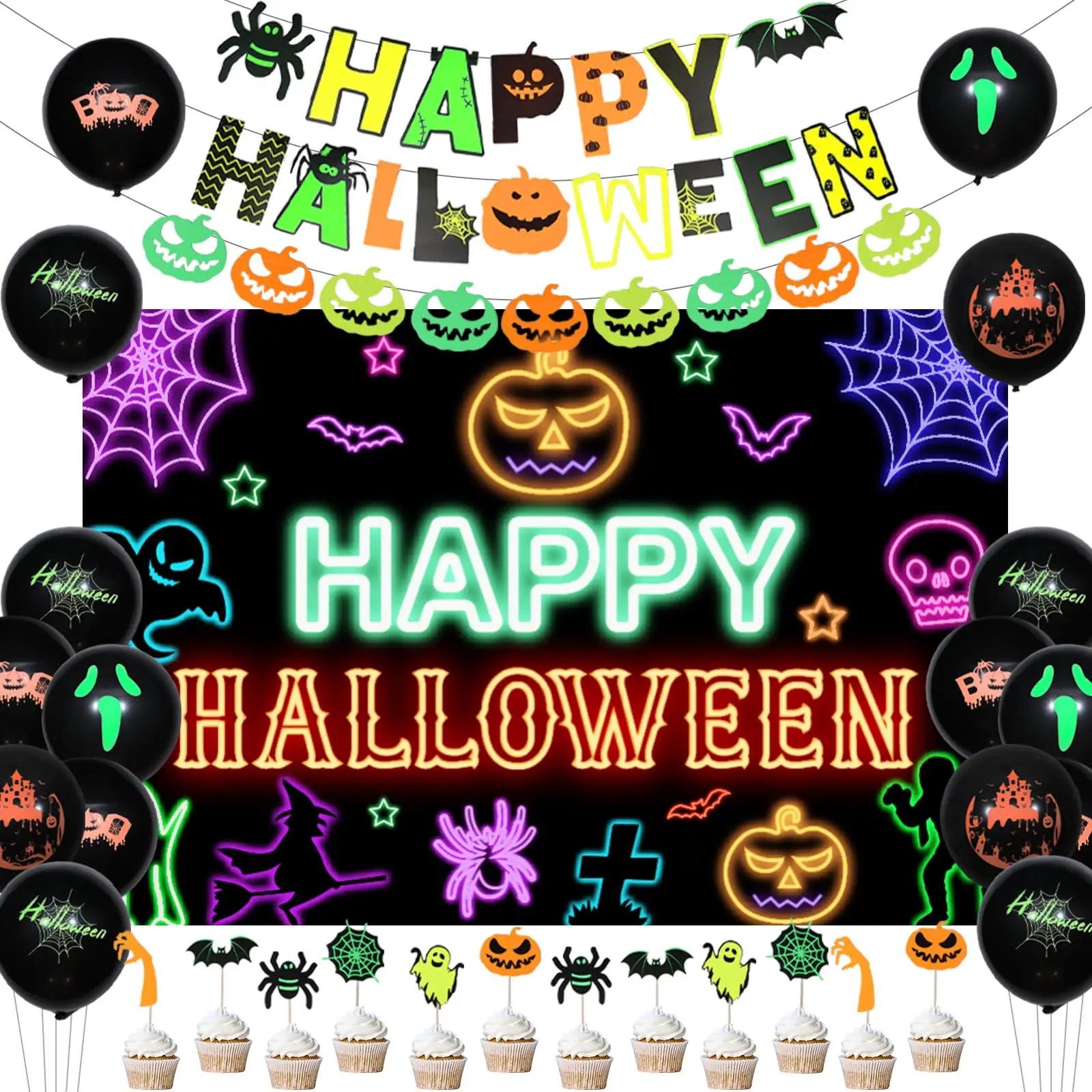 

Черевельный Сюрприз, украшения для Хэллоуина, неоновый светящийся фон, баннер, гирлянда, воздушные шары для темно-черного света