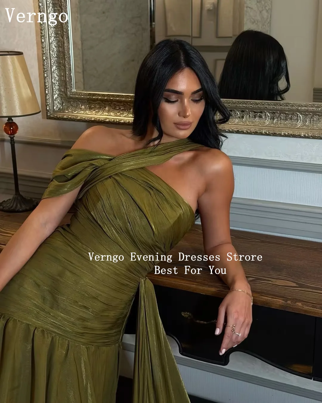 Verngo groene glanzende satijnen avondjurk één schouder zeemeermin formele gelegenheidsjurk elegante galajurken op maat