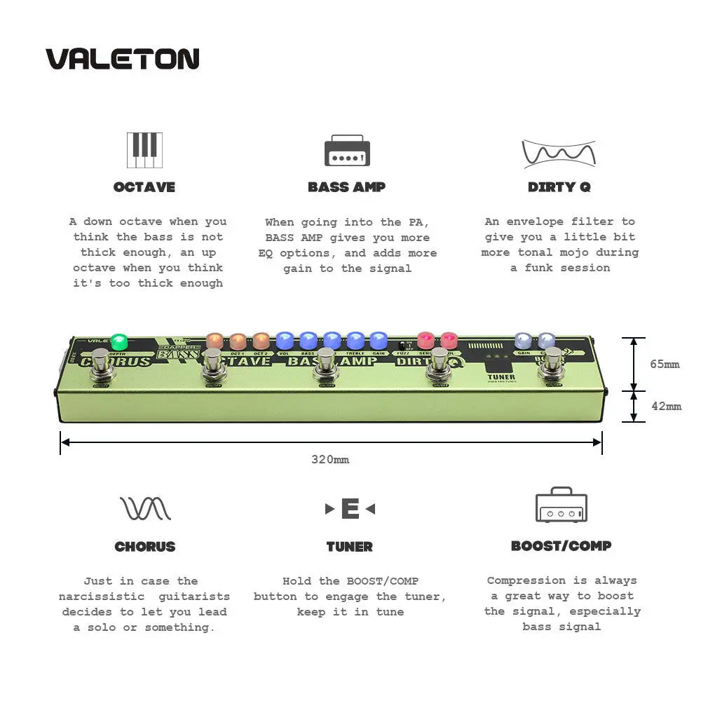 Valeton Dapper BASS Multi Effects Pedal Strip 6 in 1 Multi Effect Bass Tuner,Chorus,Octaver,Dirty Q & Boost Comp,Tuner VES-2