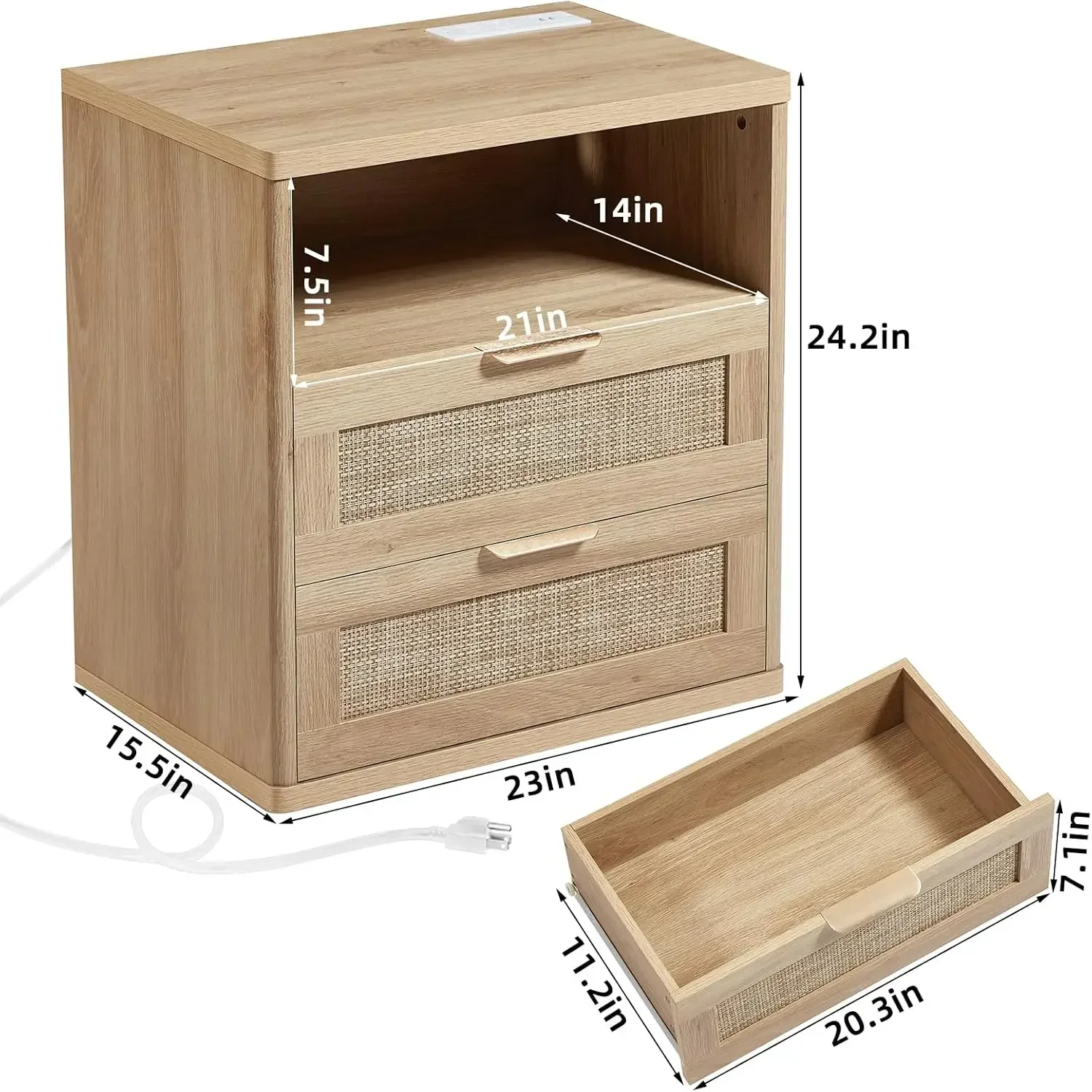 

[Hot Deal, Limited Time Offer!]23" Wide Boho Nightstand with 2 Drawers, Rattan Night Stand with Charger Station, Natural Wood Be
