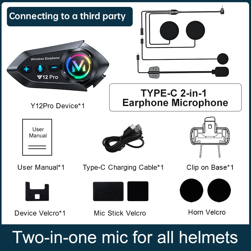 Bluetooth Motorcycle Helmet Headset 2 Rider 500m Intercom Waterproof Noise Cancellation AI Voice Long Battery Riding Headset