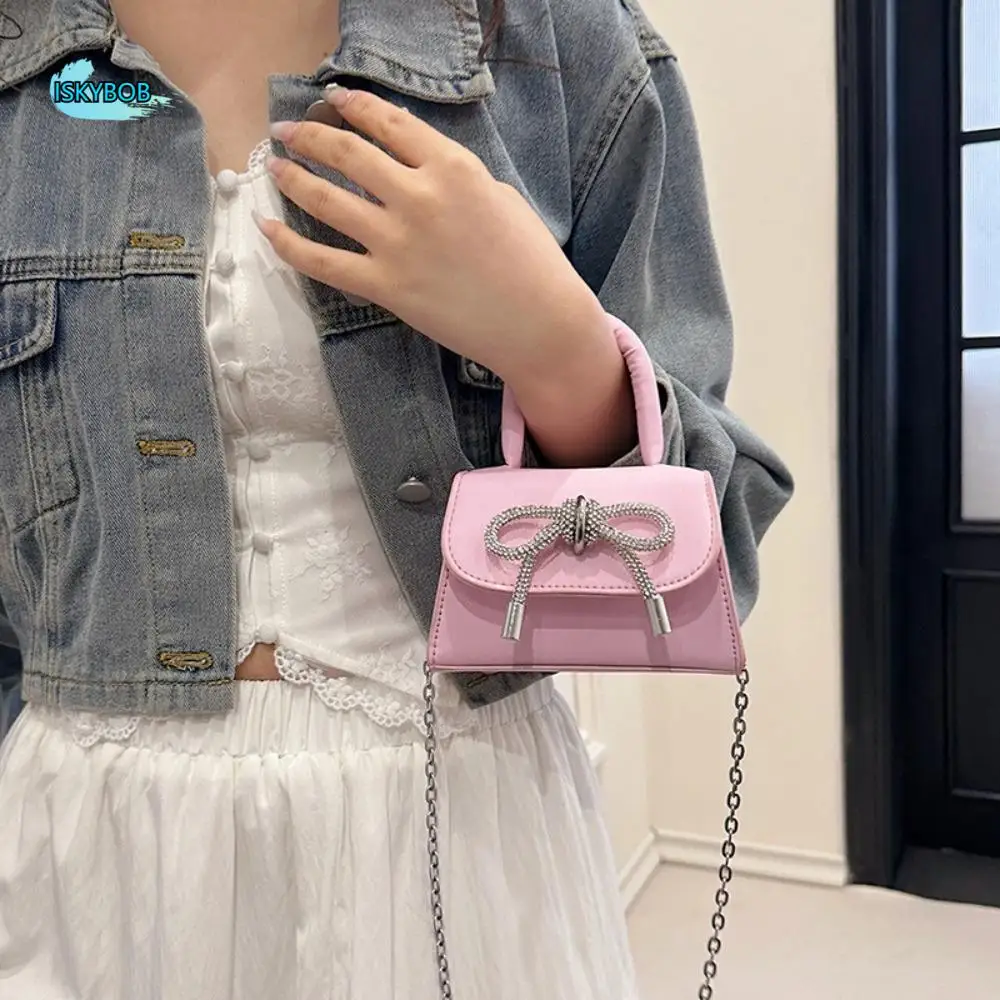 

PU Rhinestone Bow Shoulder Bag Mini Handbag Bowknot Crossbody Bag Solid Color Makeup Lipstick Bag Evening Clutch Bag Party