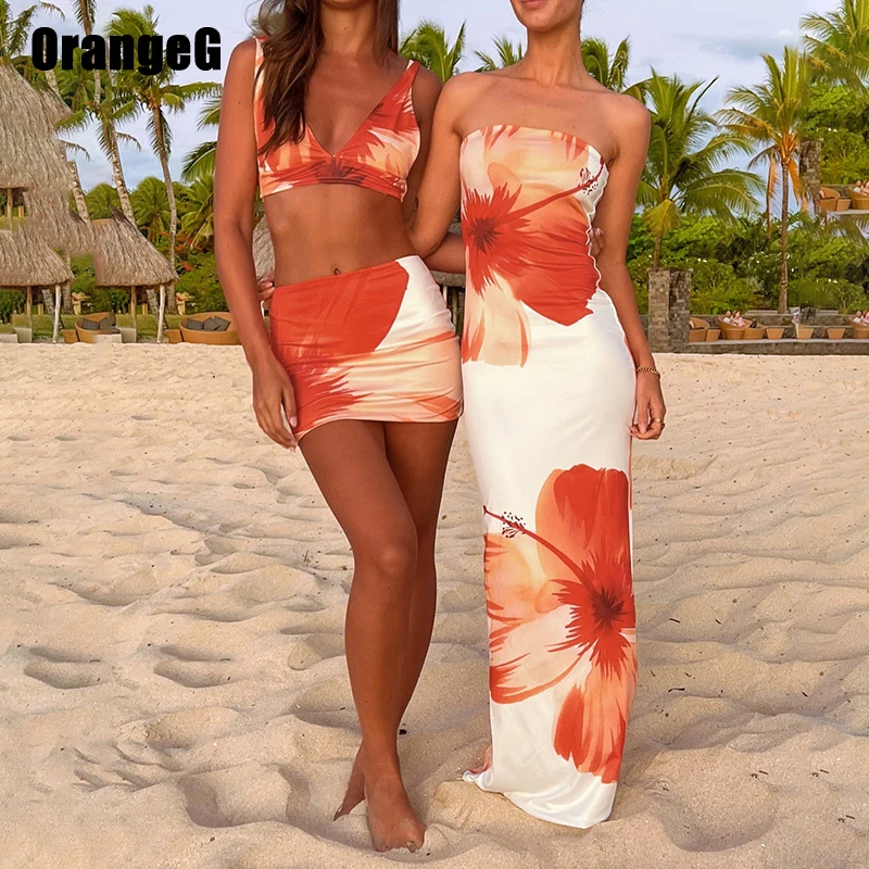 OrangeG Summer Beachwear Strapless Long Dress Women Orange Big Flower White Trumpet Chest Wrapping Vacation Outfits Fancy Hot