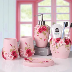 5pcs set Bathroom Set Resin Washroom Accessories Kit Resin Pink Home Decoration House Tools Toothbrush Holder Soap Box Set