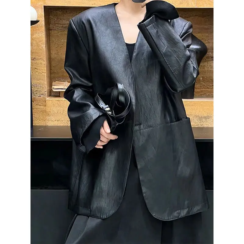 French Style Trendy Fashion Women's PU Leather Suit Jacket Autumn and Winter New Motorcycle Fried Street Loose Casual Coat Top