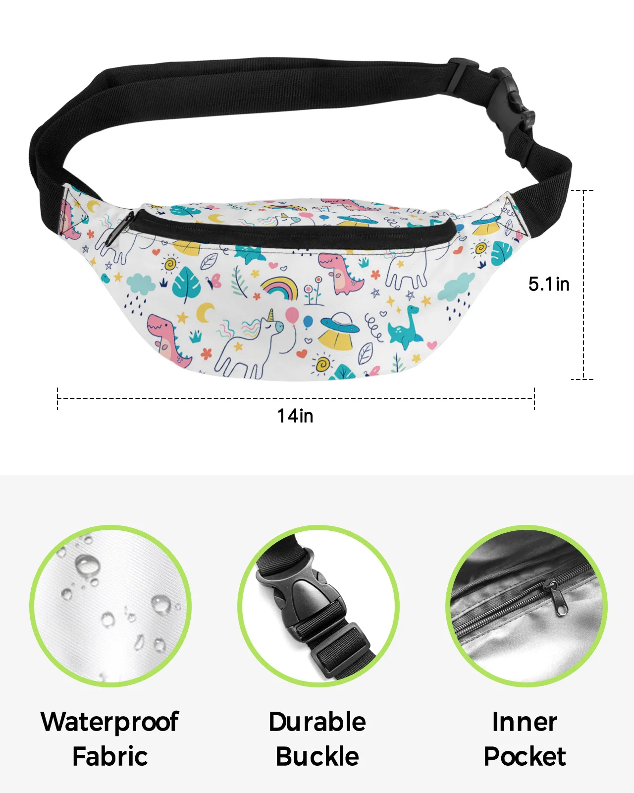 Dinosaur Rainbow Cartoon Waist Bag Women Men Belt Bags Large Capacity Waist Pack Unisex Crossbody Chest Bag