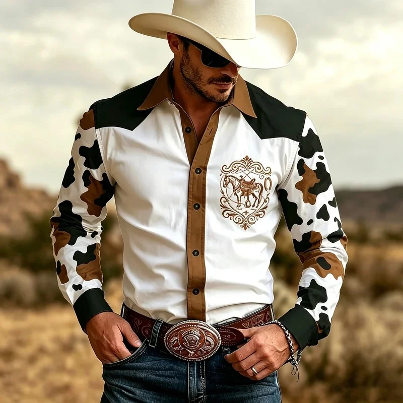 Western Cowboy Style Long-Sleeved Shirt for Men, Horse Print Collared Shirt, American Retro Top