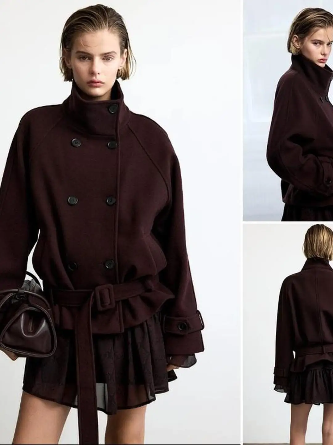 Casual Style Double Breasted Waist Belt Decorative Chimney Collar Oversized Coat Autumn Collection Fashionable Female Outerwear