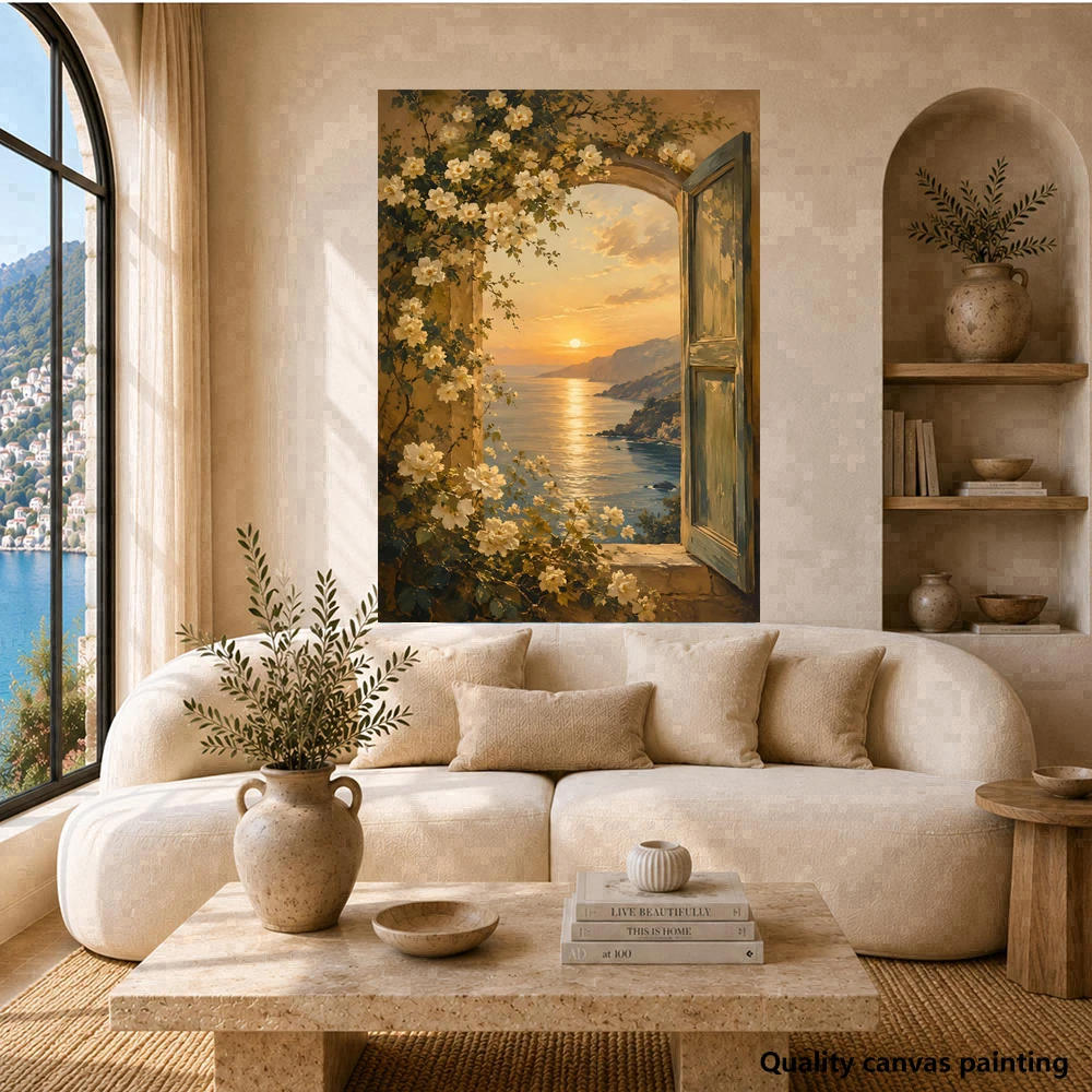 Sunset over coastal cliffs, canvas of view from an open window, wall art of a floral arch, canvas, home decor of natural scenery