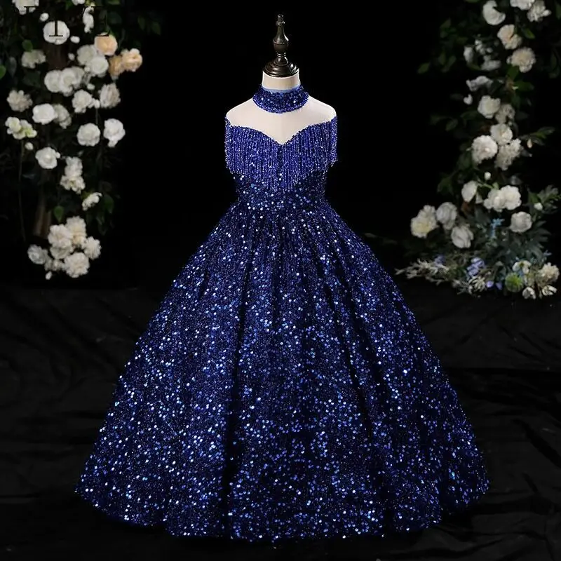 Heavy Industry Little Girl Princess Dress Children Blue Sequins Host Catwalk Piano Costume Girls Off Shoulder Formal Dress