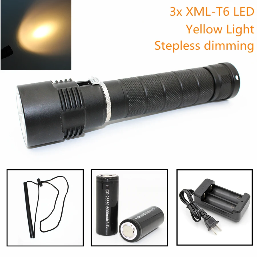 

26650 Yellow Light 3 x XML-T6 LED 3200LM Diving Flashlight Waterproof 100M Aluminum Torch with Charger EU Plug