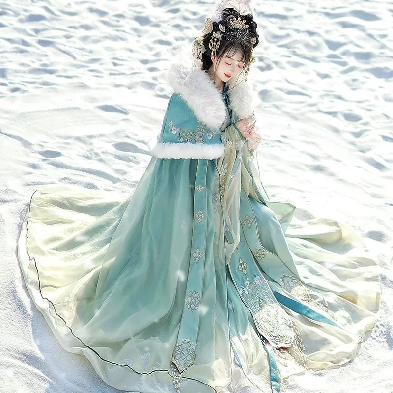 الأصلي Hanfu المرأة جين نمط عبر الياقات الخصر طول تنورة الجنية مثل كيب الصوف عباءة دافئة موضة الراحة معطف دافئ