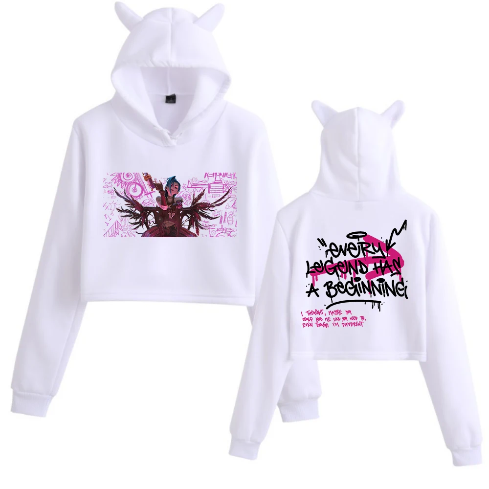 Arcane Jinx Graffiti Art Cat Ears Long Sleeve Crop Tops Girls Fashion Hoodie