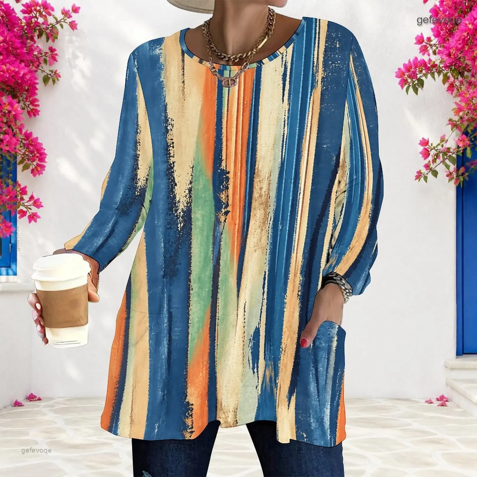 Women Round Neck Long Sleeve Loose Longline Top, Abstract Brush Stripe Printed with Pockets