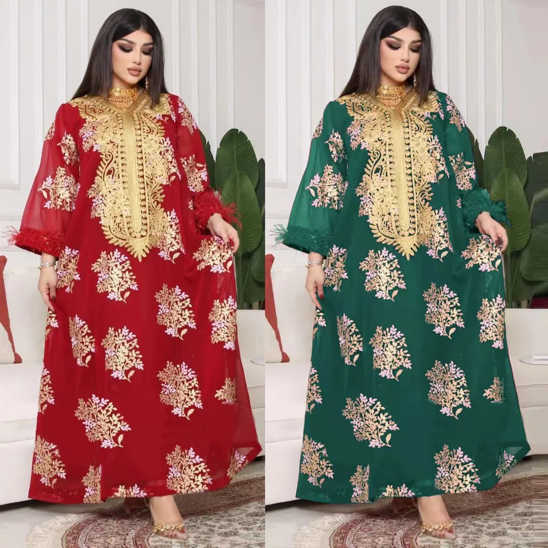 

Muslim Summer New Middle East Dubai Embroidered Camel Hair Gold Lace Dress