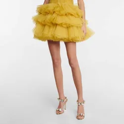 2024 Couture minigonna in Tulle a strati oro giallo elastico in vita donna Ruffles gonna da ballo a strati gonne corte per feste di compleanno